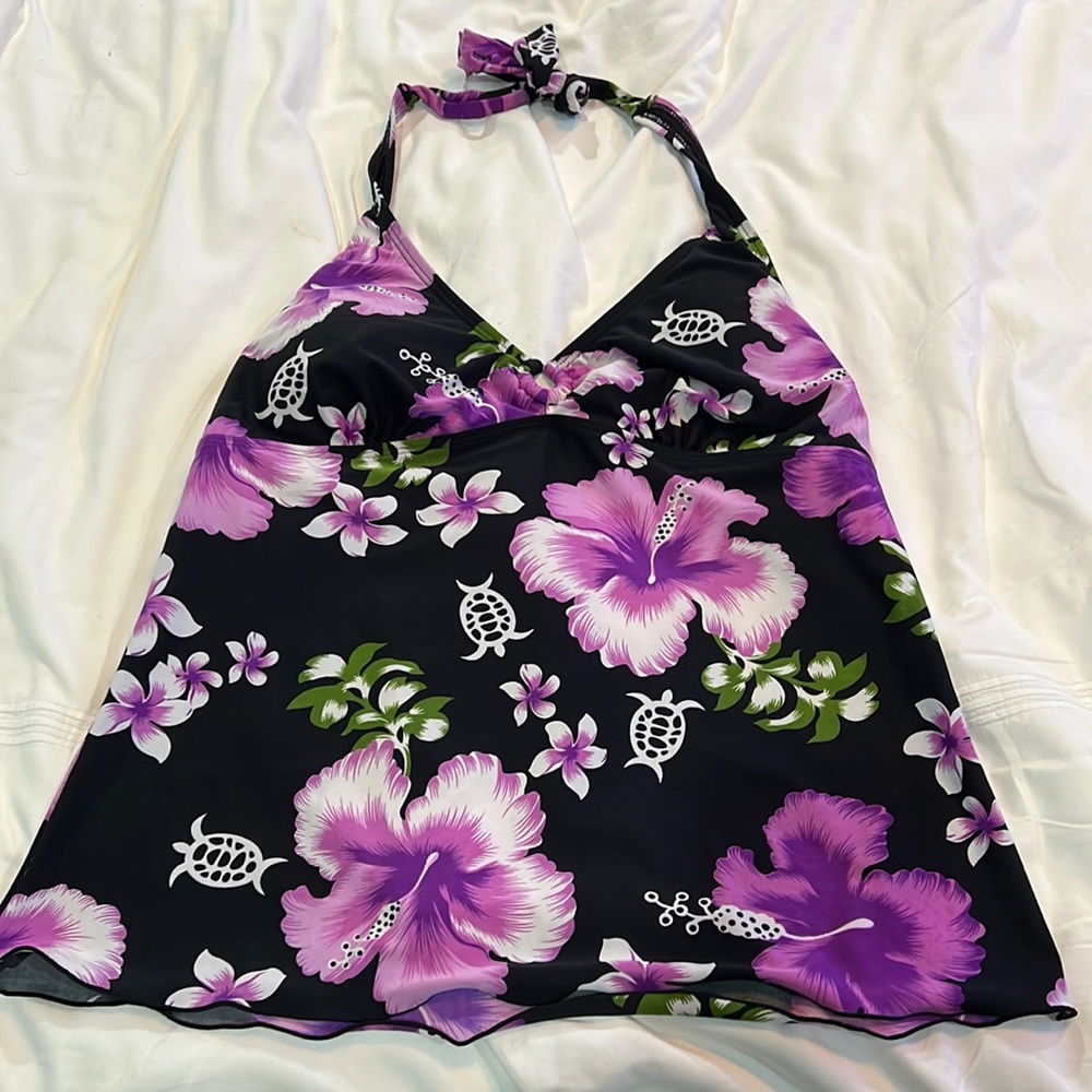 XL Purple and Blk Hawaiian Turtle Swim Tankini Halter Top